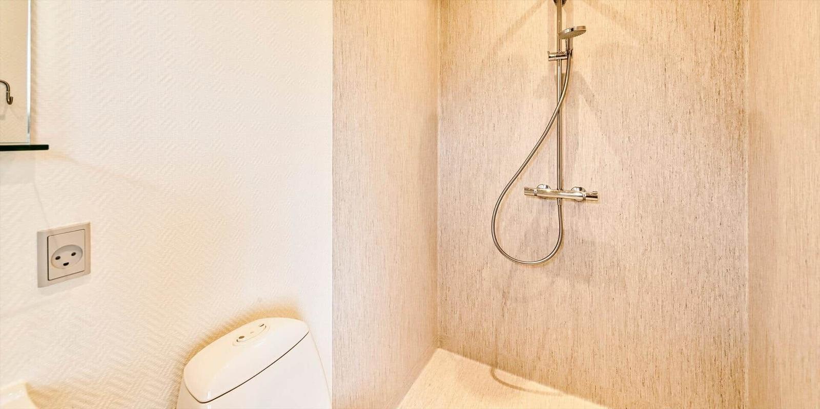 Dusche mit Duschbrause und Toilette in einem Badezimmer.