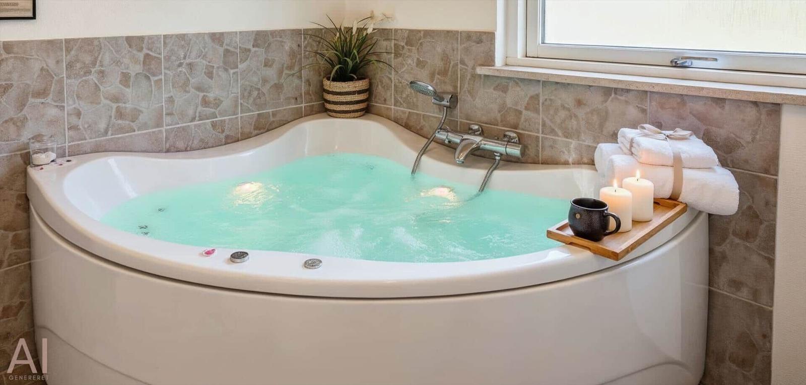 Eine Badewanne mit Whirlpool, gefüllt mit Wasser, daneben ein Holzbrett mit Tassen und Kerzen.