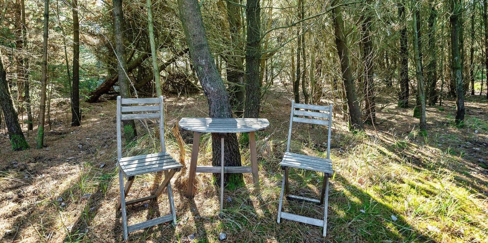 Holztisch und zwei Stühle stehen im Wald zwischen Bäumen.