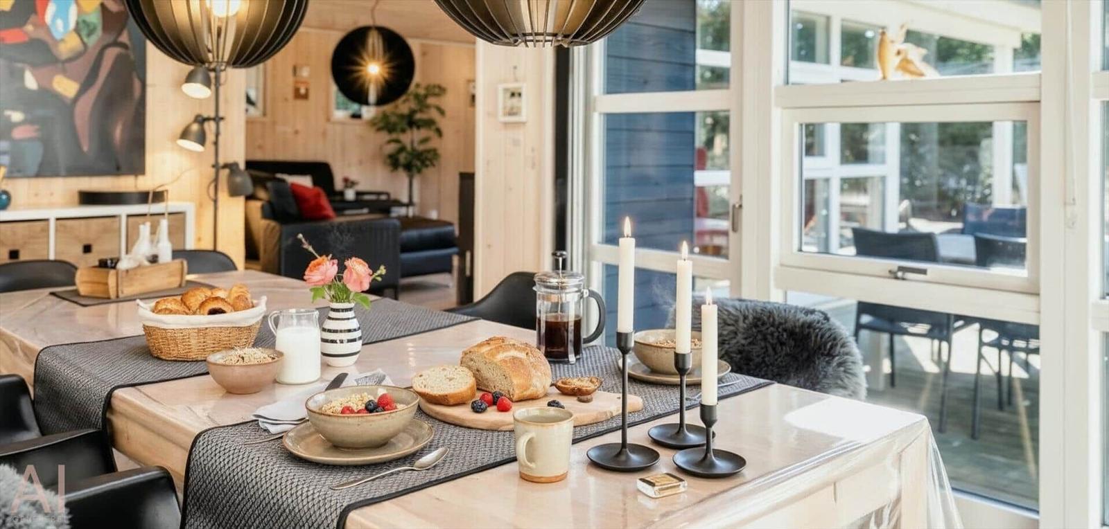 Esstisch mit Frühstück, Kerzen und Blick auf Terrasse
