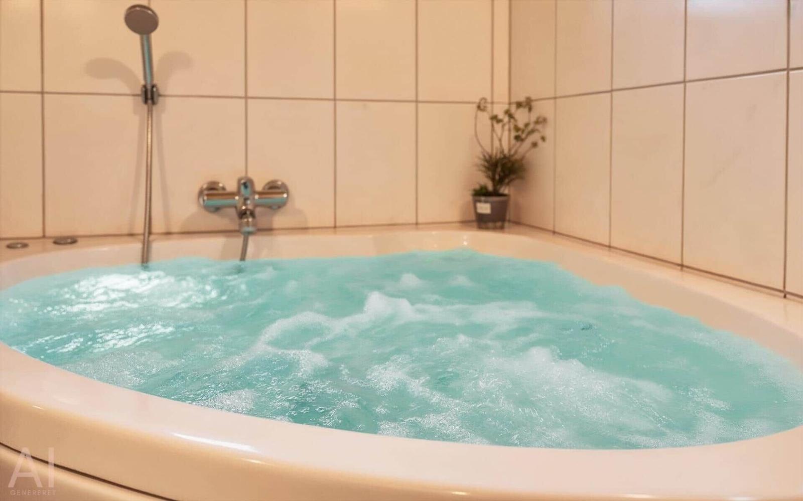 Duschbad mit Whirlpool, Wanddusche und Pflanze in Ecke