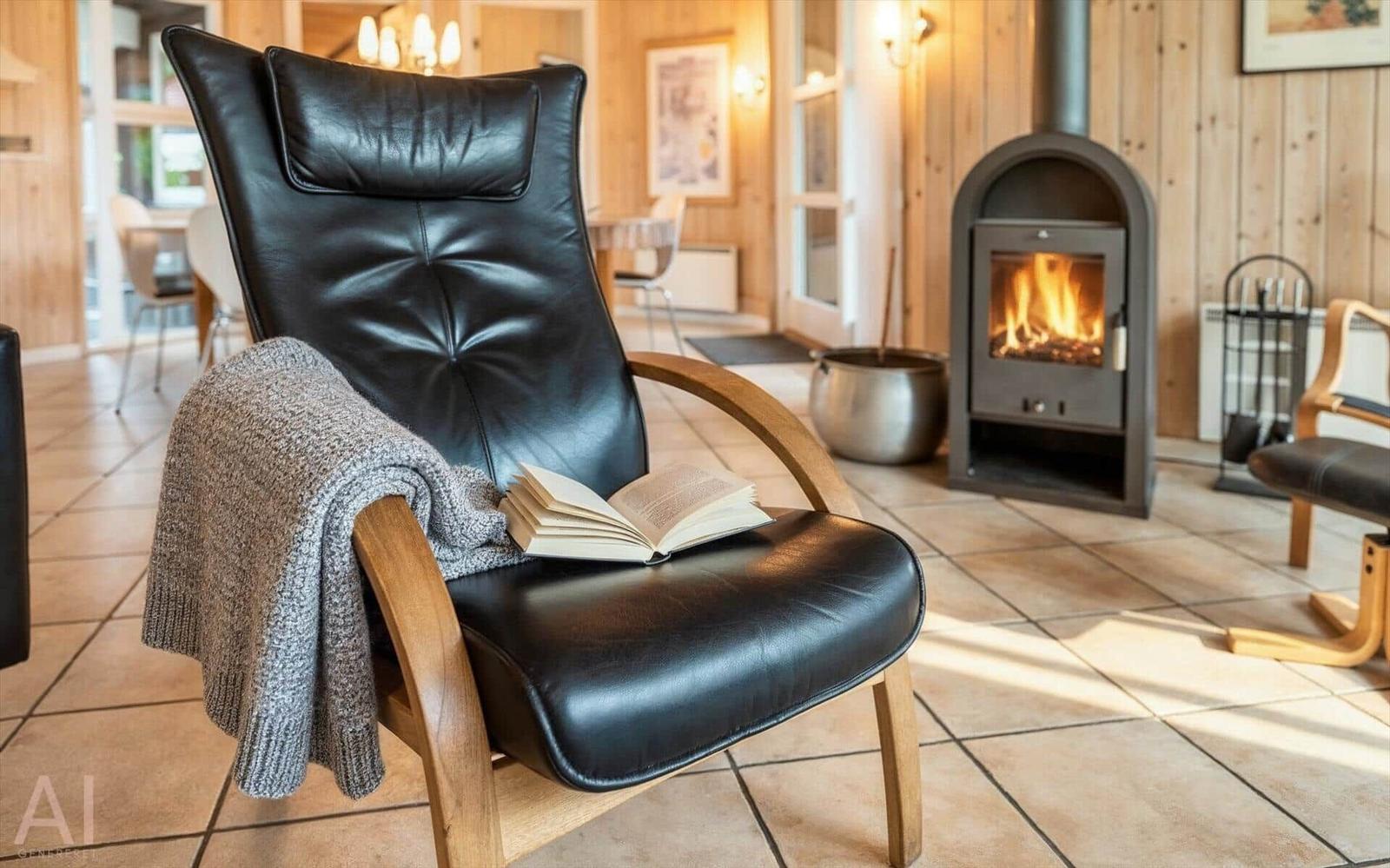 Schwarze Ledersessel mit Buch und Decke vor Kamin.