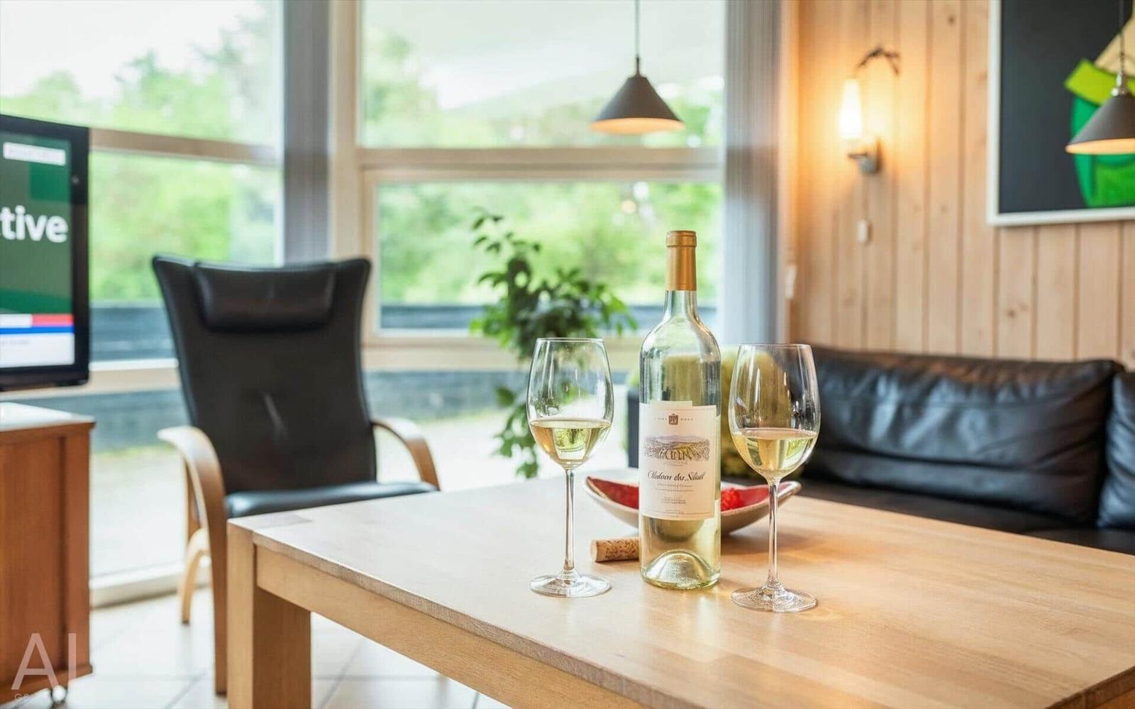 Holztisch mit Weinglas und Flasche, schwarze Ledermöbel, Fenster mit Blick auf Grün.