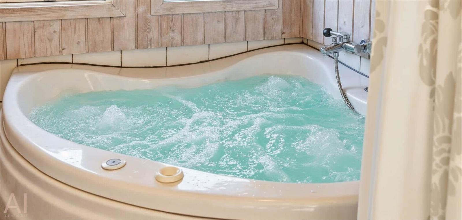Eine Whirlpool-Badewanne mit laufendem Wasser und Holzwandverkleidung.