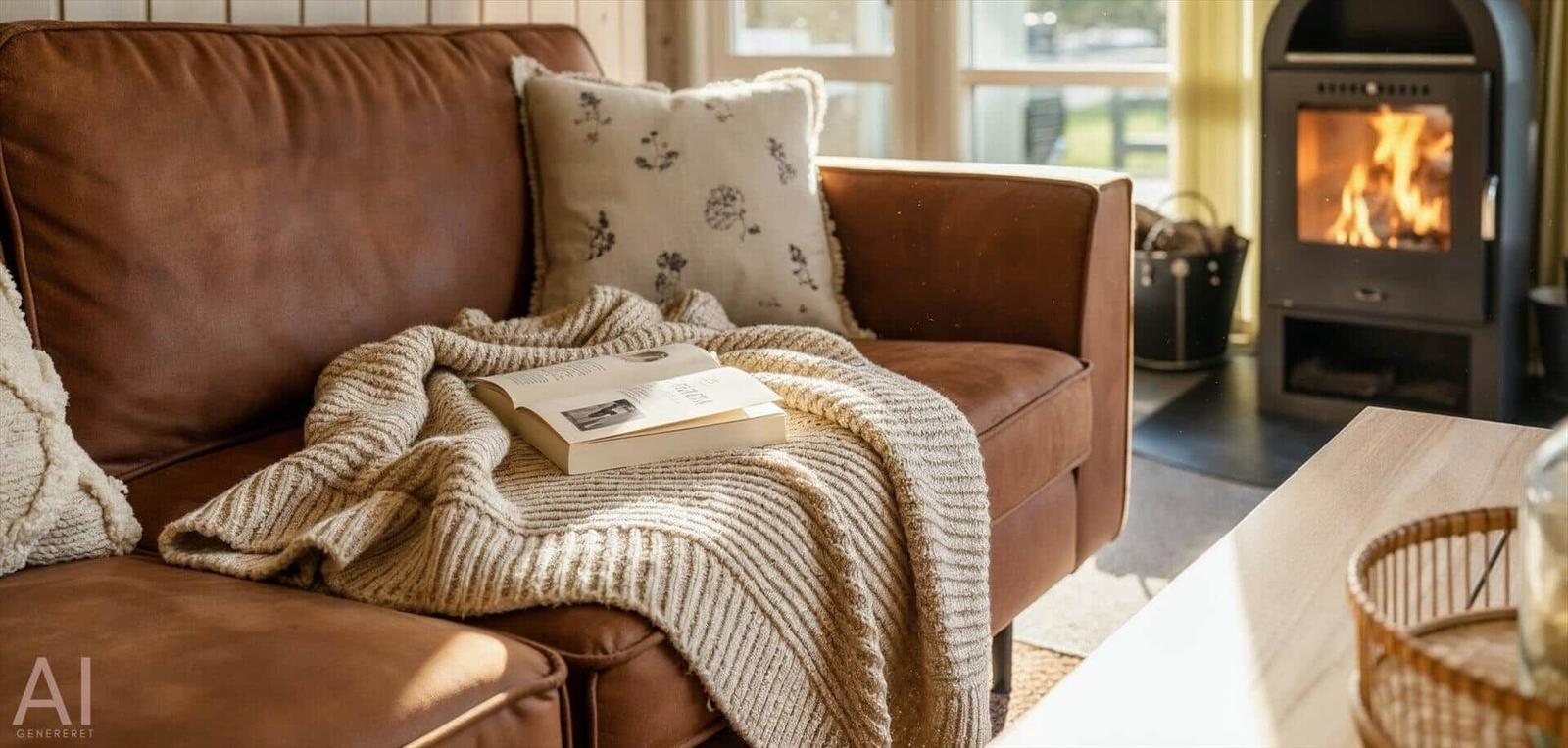 Ein braunes Sofa mit Kissen, Decke und Buch. Im Hintergrund steht ein Kaminofen.