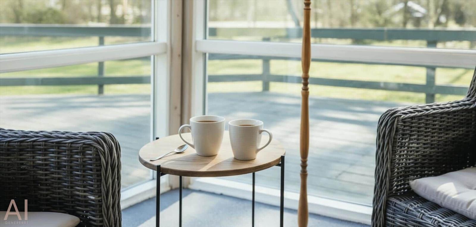 Zwei Tassen auf einem runden Tisch vor großen Fenstern mit Blick auf eine Terrasse.