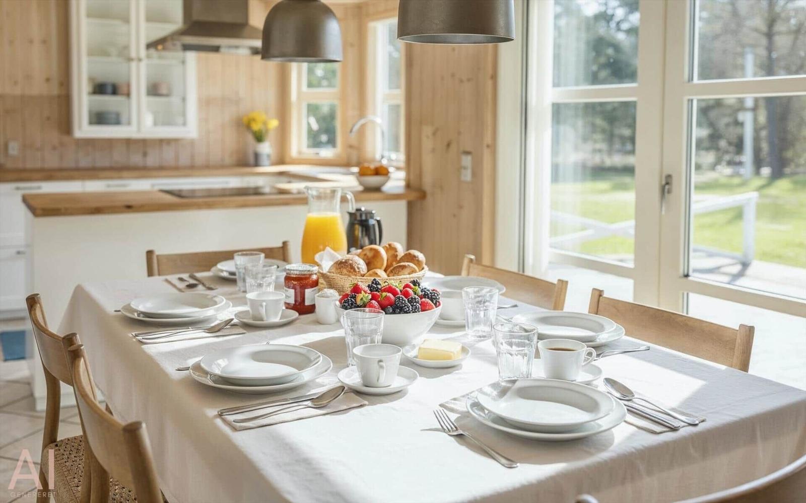 Gedeckter Esstisch mit Frühstück, Küche und Blick auf Garten.