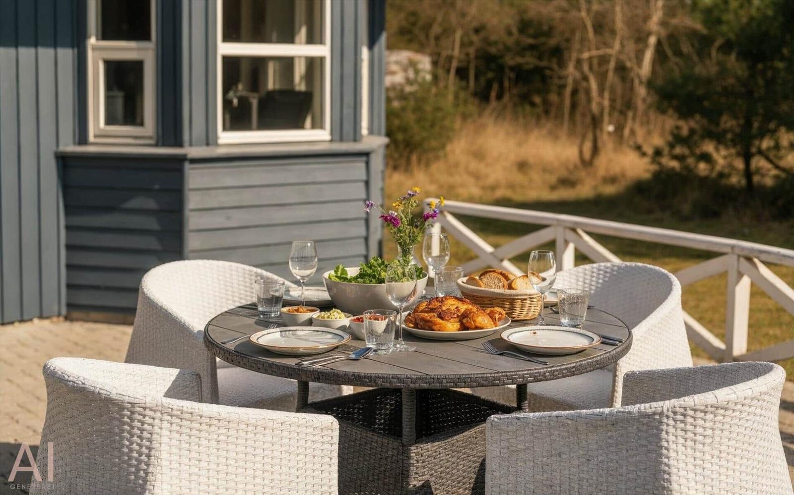 Rundtisch mit Stühlen und Speisen auf einer Terrasse vor einem Haus.