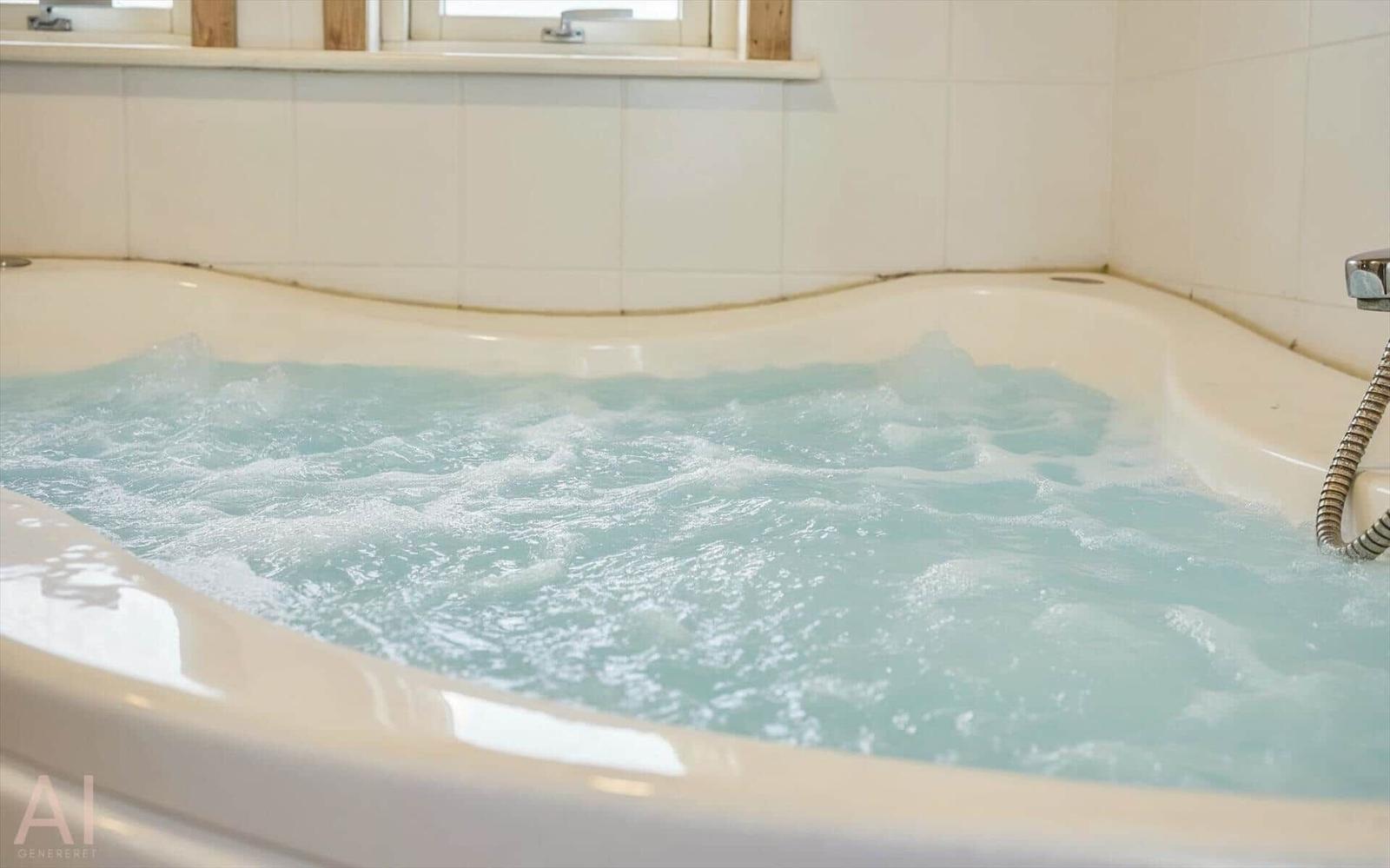 Eine Whirlpool-Badewanne mit sprudelndem Wasser und einem Hahn.