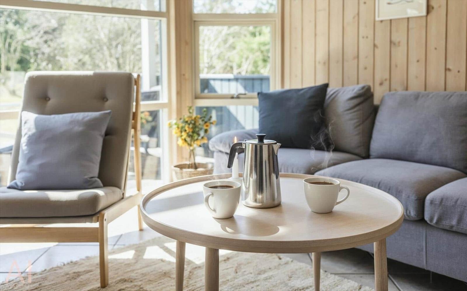 Runde Tisch mit Kaffeetasse und Kanne vor Sofa und Sessel.