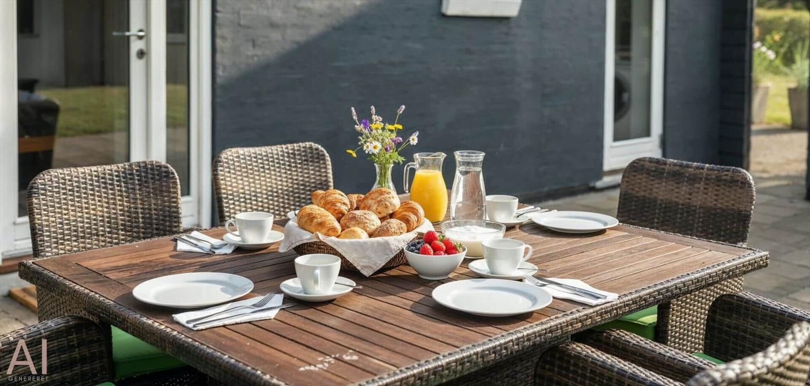 Außenbereich mit gedecktem Tisch, Körben mit Brötchen, Obst und Getränken.