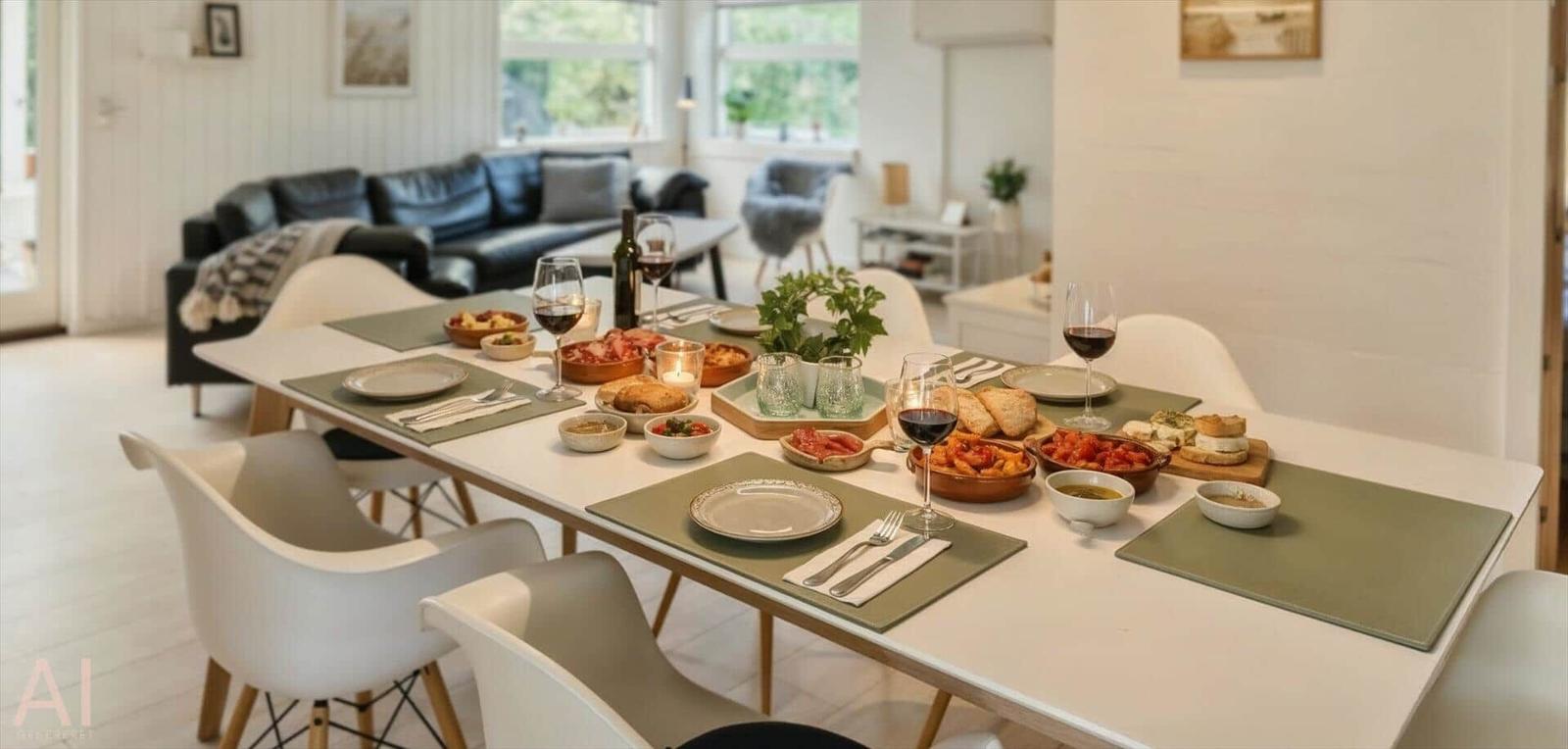Esszimmer mit gedecktem Tisch und Sitzgelegenheiten im Hintergrund.