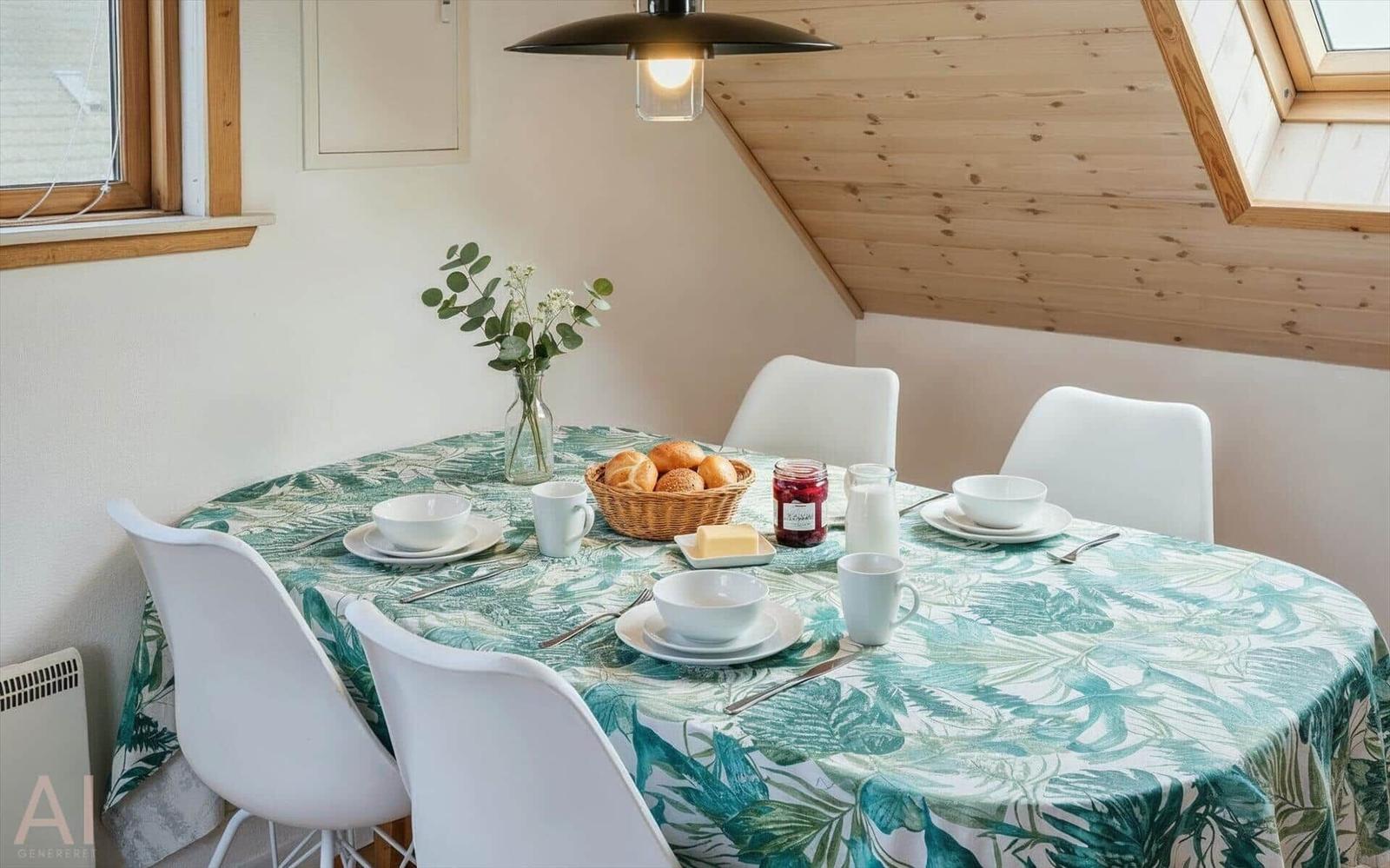 Runde Tisch mit Tischdecke, Stühlen und Frühstückszubehör unter Holzdecke.