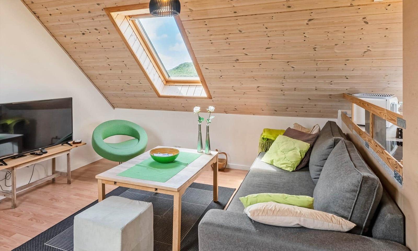 Wohnzimmer mit Sofa, grüner Sessel und Dachfenster. Holzdecke und Fernseher sichtbar.