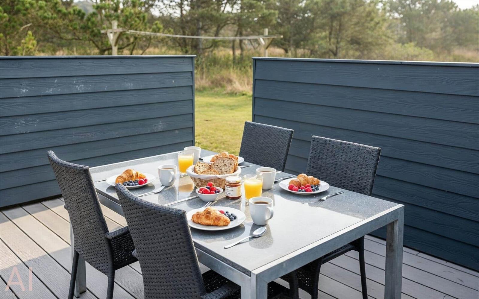Terrasse mit Tisch und Stühlen für vier Personen, darauf Frühstückszubereitung.