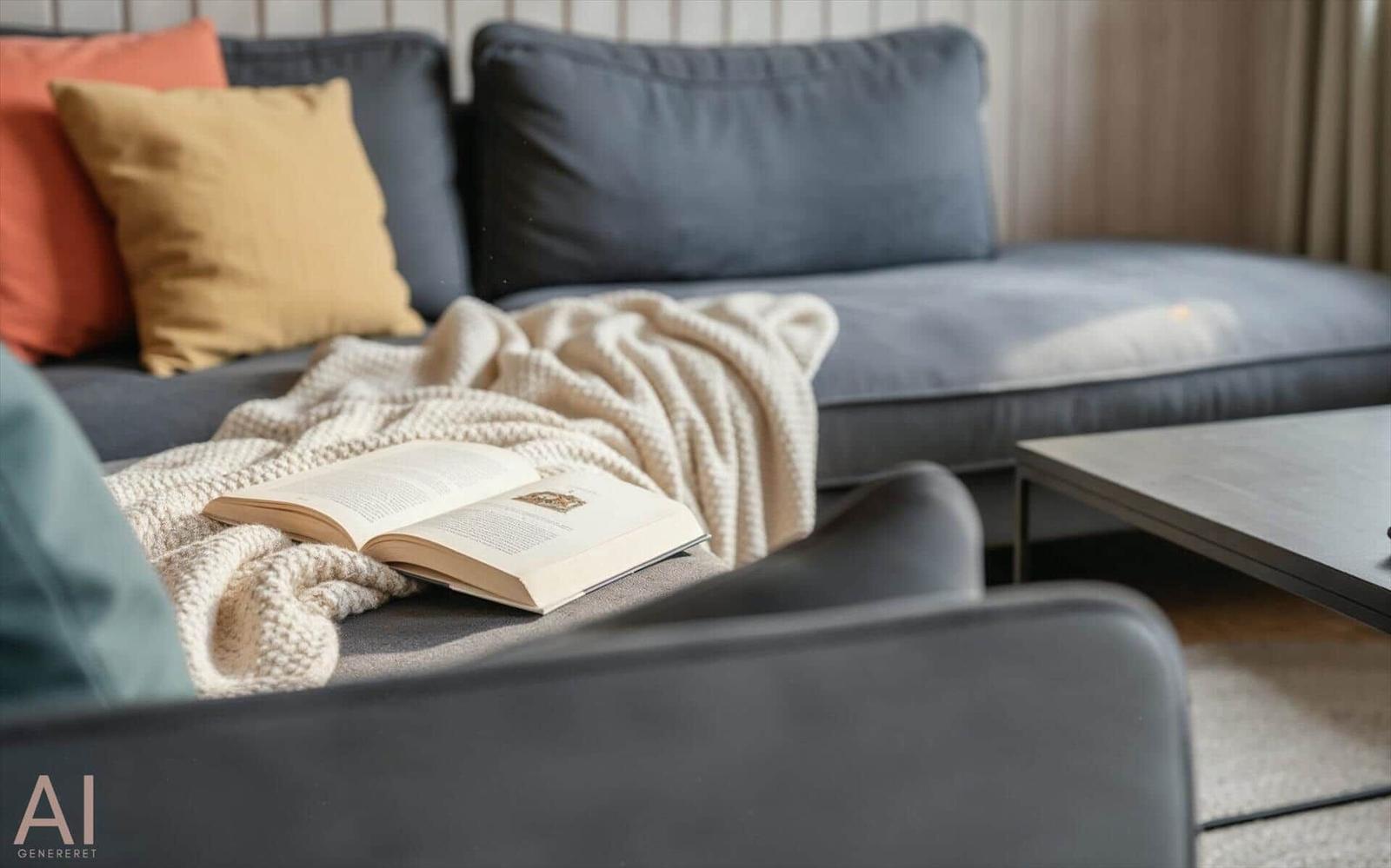 Ein grauer Sofa mit Kissen und einer Decke. Ein Buch liegt darauf.