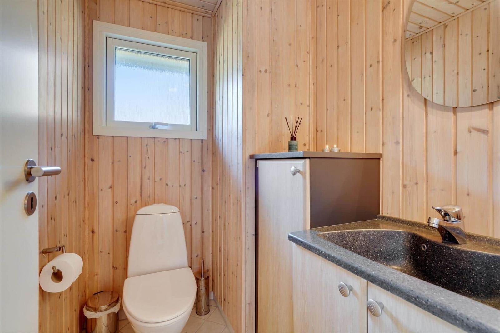 Badezimmer mit Holzwand, Toilette, Waschbecken und Spiegel