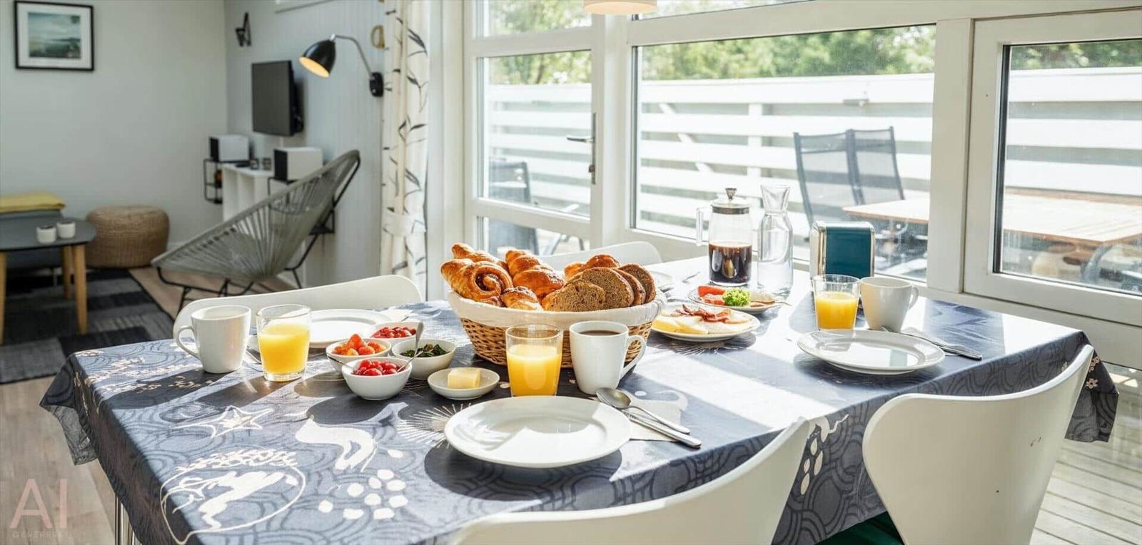 Frühstückstablett mit Brot, Obst und Getränken vor großem Fenster.