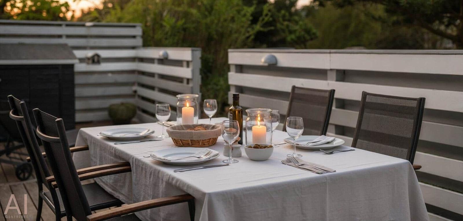 Tisch mit Tischdecke, Gläsern, Kerzen und Besteck auf einer Terrasse mit Sitzgelegenheiten.