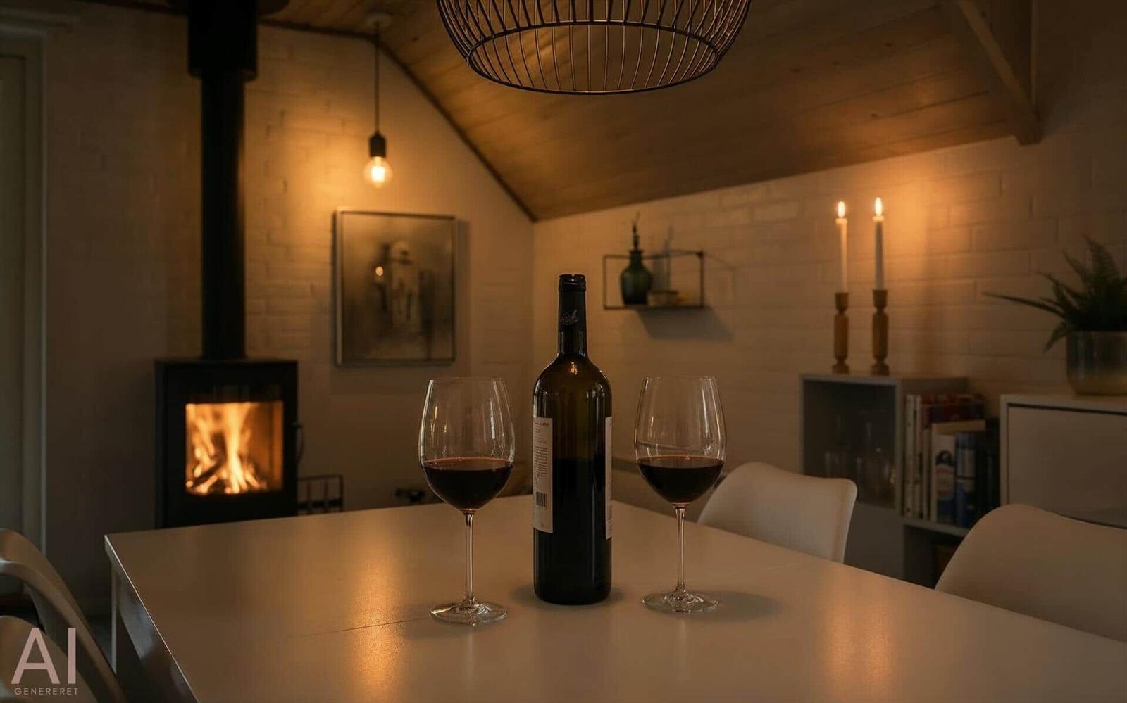 Tisch mit Weinglas und Flasche vor Kamin und Beleuchtung