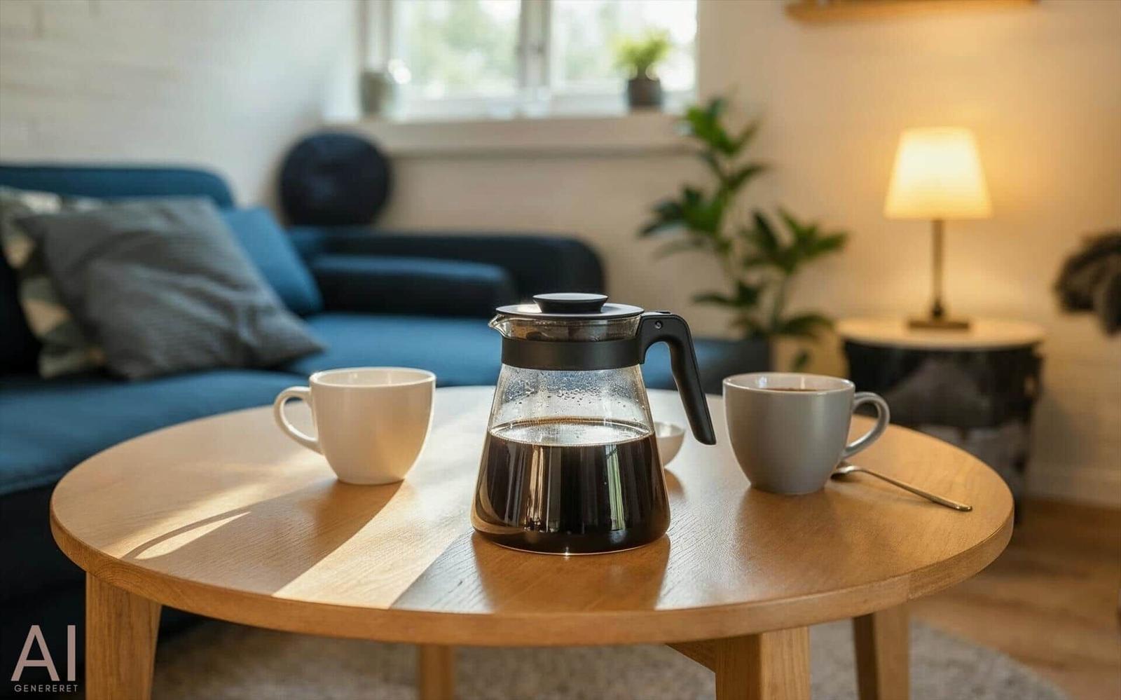 Auf dem Tisch stehen zwei Tassen und eine Kaffeekanne.