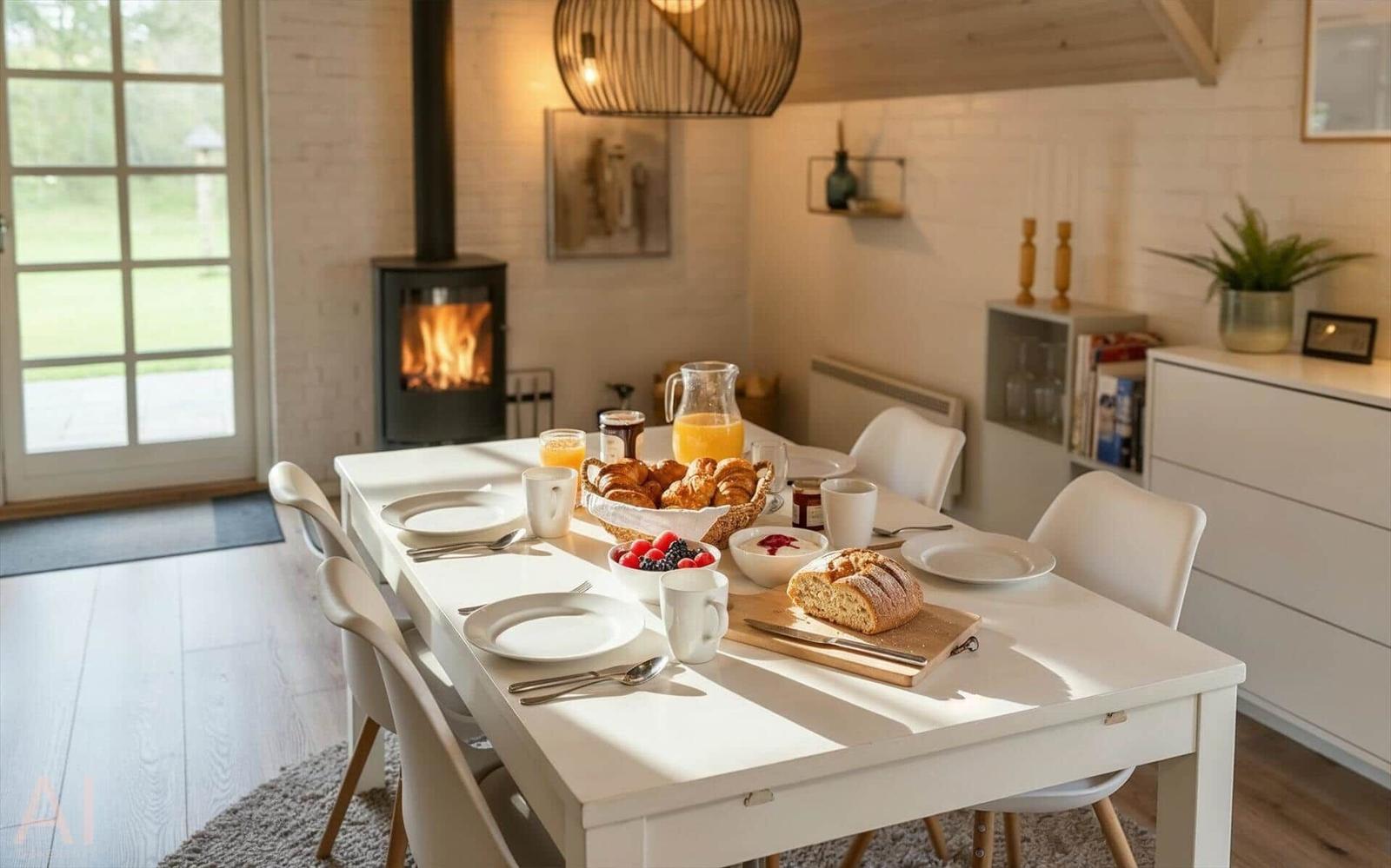 Esstisch mit Frühstück, Kamin und Fenster zur Außenterrasse.