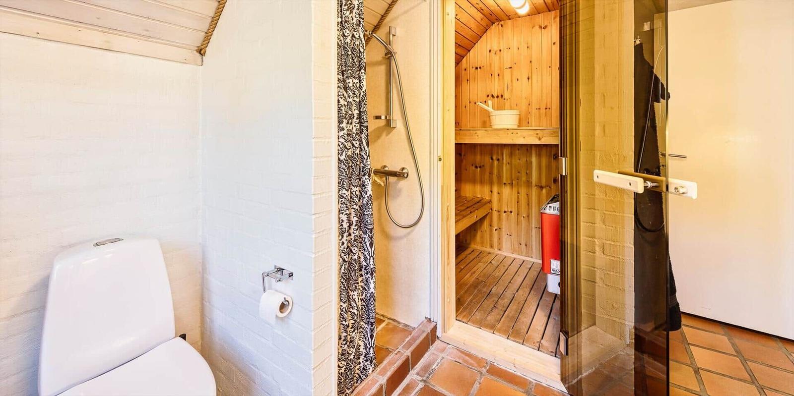 Bad mit Toilette, Dusche und Sauna mit Holzwand und Bank.