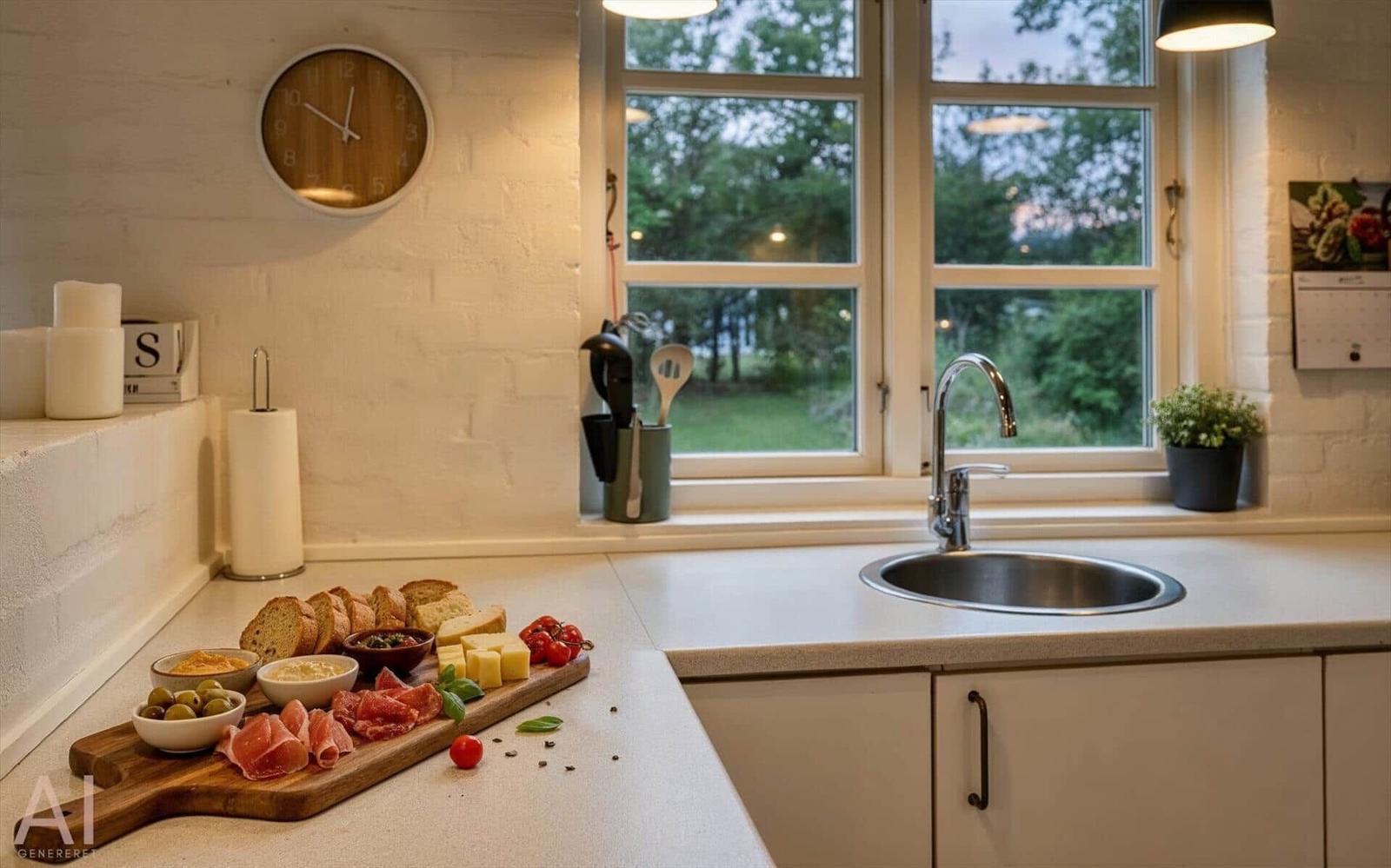 Küche mit Arbeitsfläche, Spüle und Fenster mit Blick auf Grünfläche.