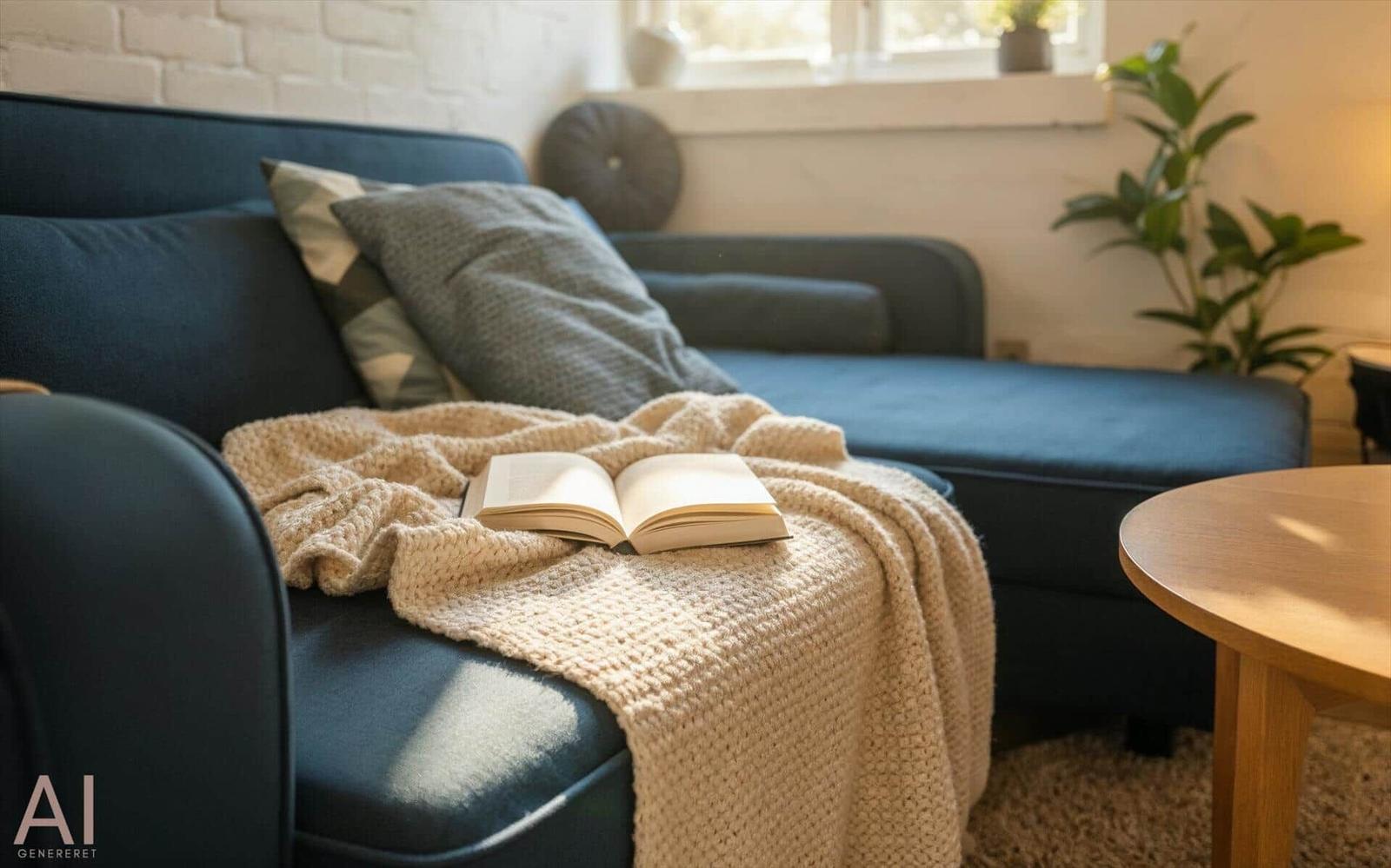 Ein dunkelblaues Sofa mit Kissen und einer Decke, auf der ein Buch liegt. Hintergrund: Fenster und Pflanze.