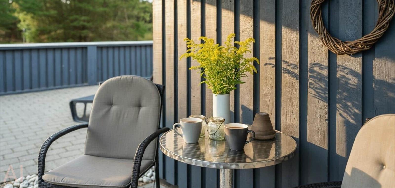 Außenbereich mit Tisch, Stühlen und Blumen an einer Holzwand.