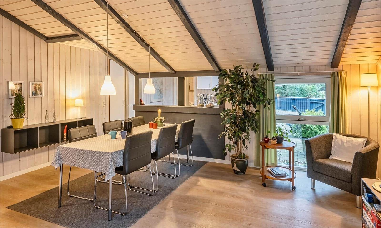 Essbereich mit Tisch, Stühlen und Pflanzen. Wohnbereich mit Sessel und Fenster.