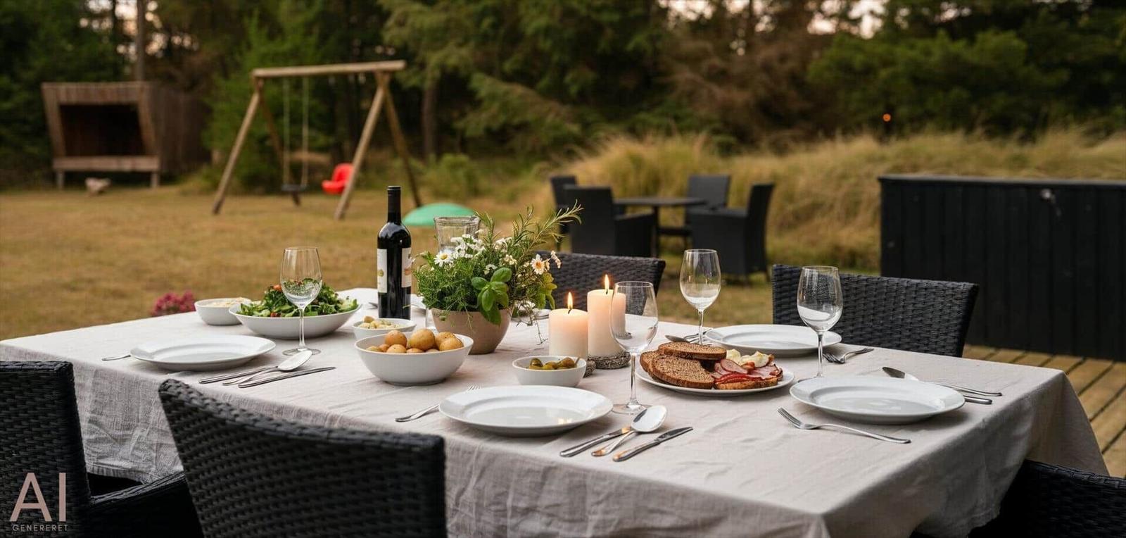 Garten-Tisch mit Speisen, Kerzen und Wein. Hintergrund: Schaukel und Gras.