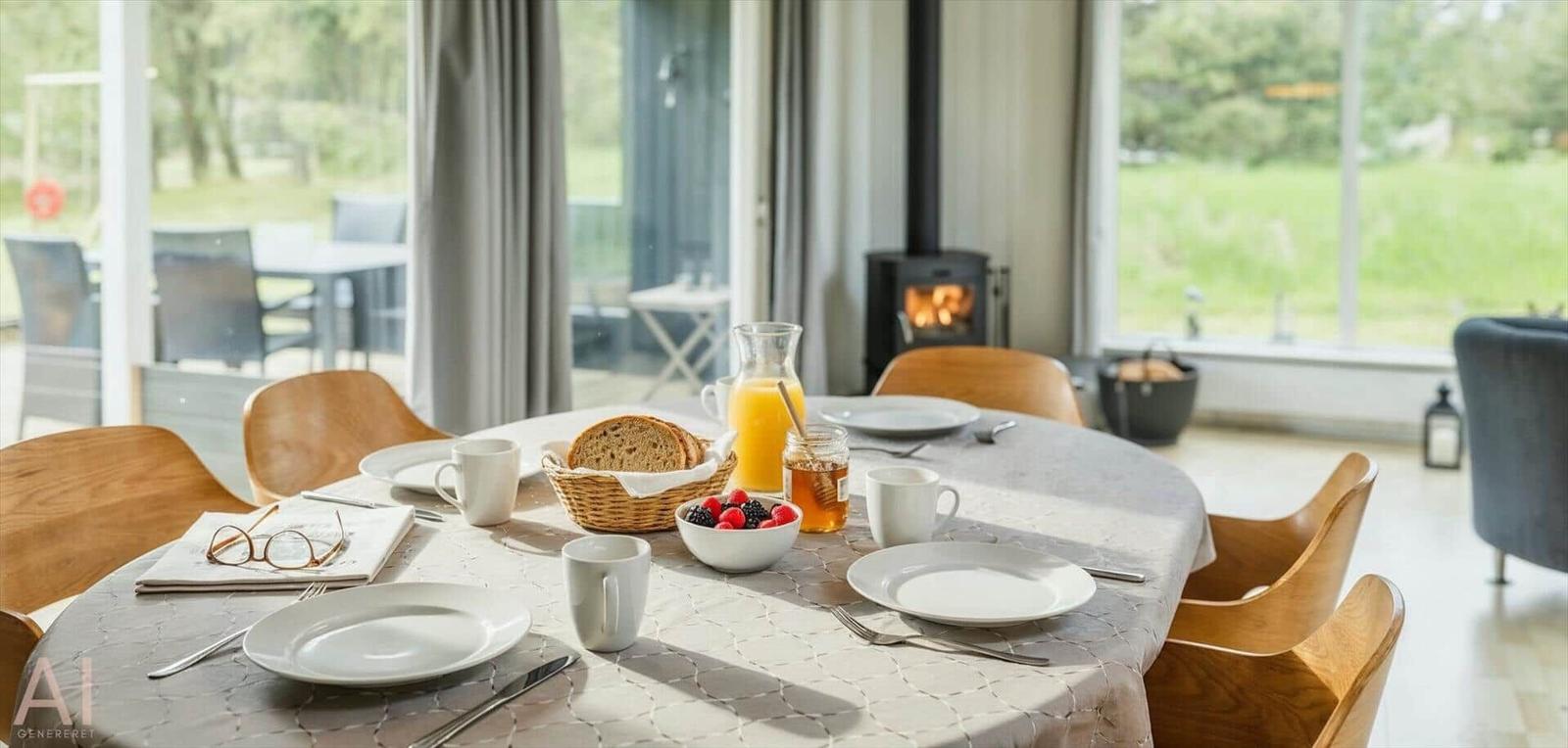 Rundtisch mit Frühstückszubehör und Sicht auf Garten.