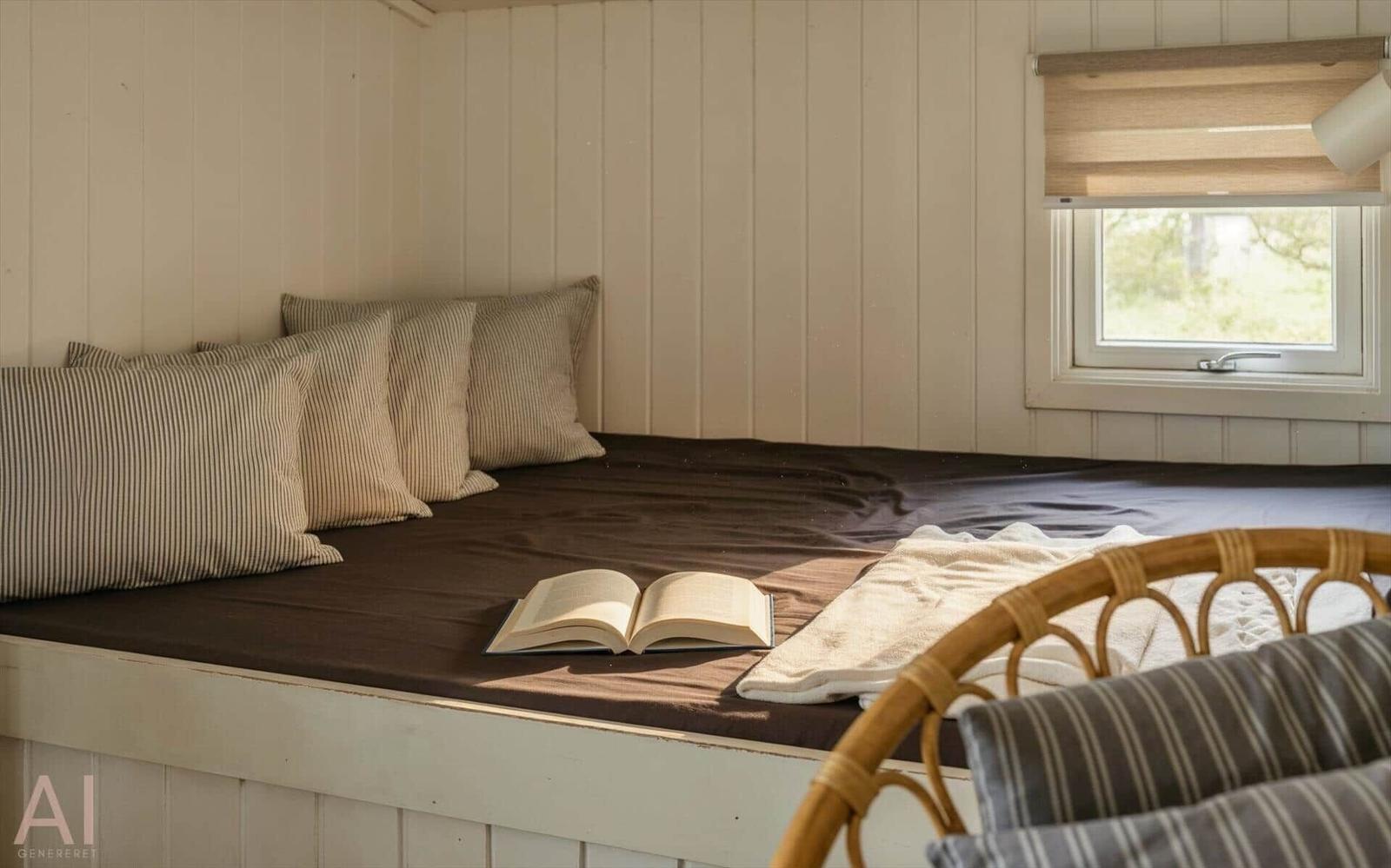 Ein Bett mit Kissen und einem Buch vor einem Fenster.