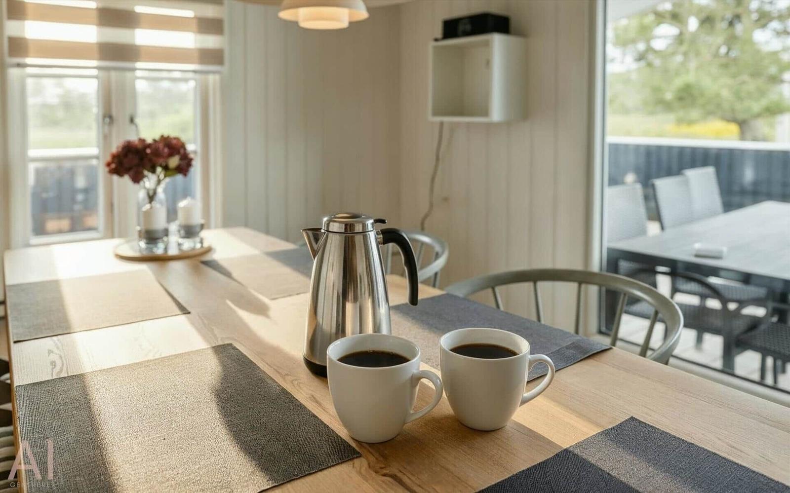Esstisch mit Kaffeekanne und Tassen. Draußen ist ein Gartenbereich mit Tisch und Stühlen.