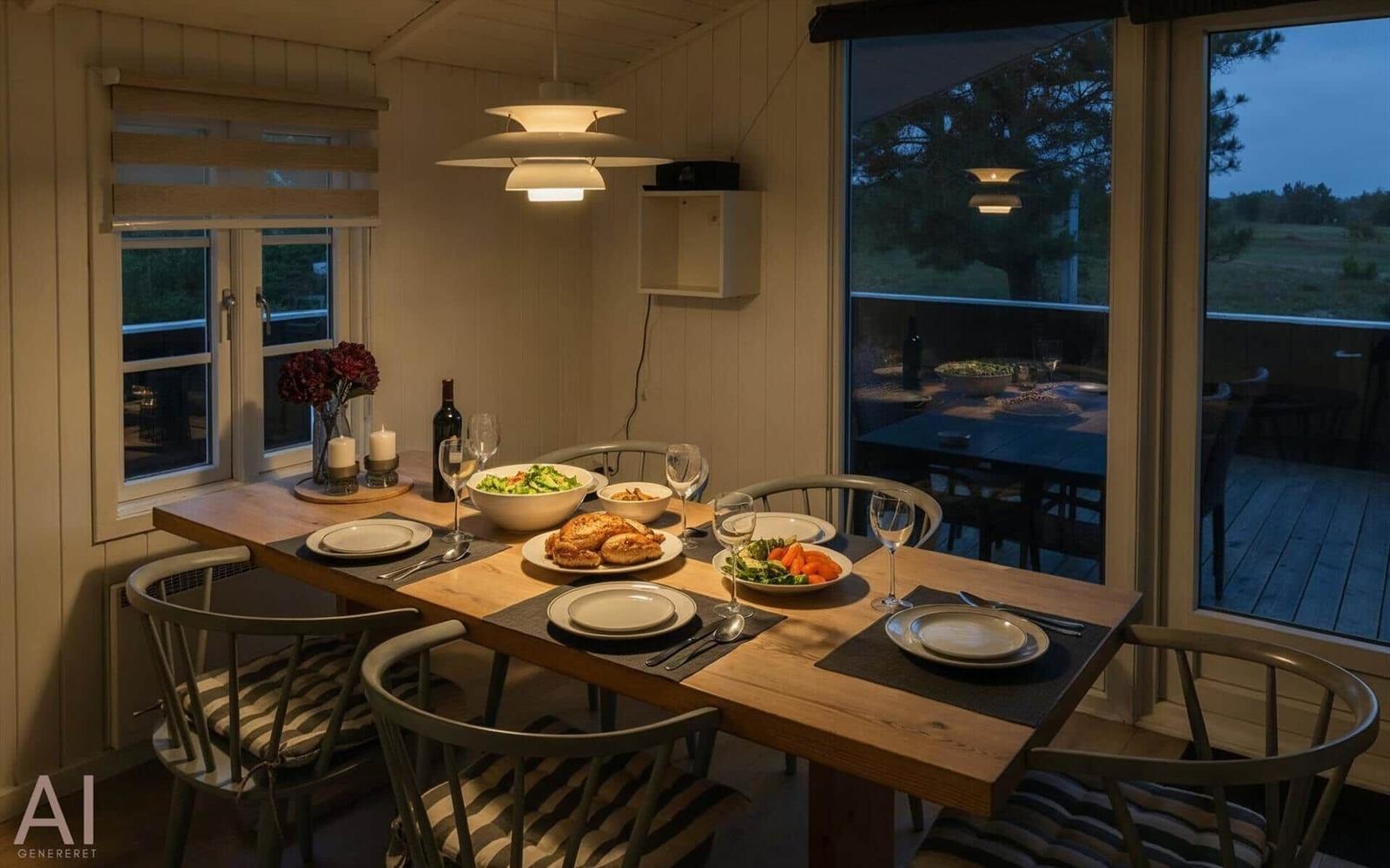 Esstisch mit Platz für sechs Personen, Blick auf Balkon und Garten.