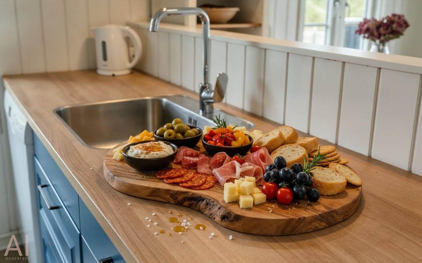 Küchenarbeitsfläche mit Holzbrett, Käse, Brot und Obst