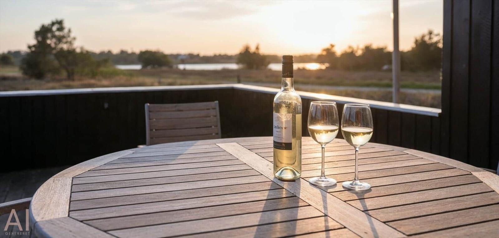 Auf der Terrasse steht ein Tisch mit Wein und Gläsern. Im Hintergrund ist eine Landschaft bei Sonnenuntergang zu sehen.