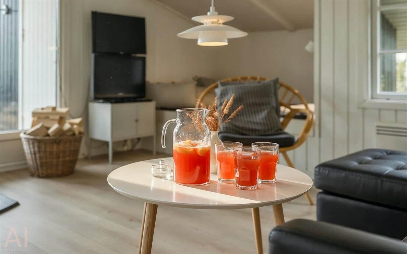 Runde Tisch mit Getränken, Sessel und Fernseher im Wohnzimmer.