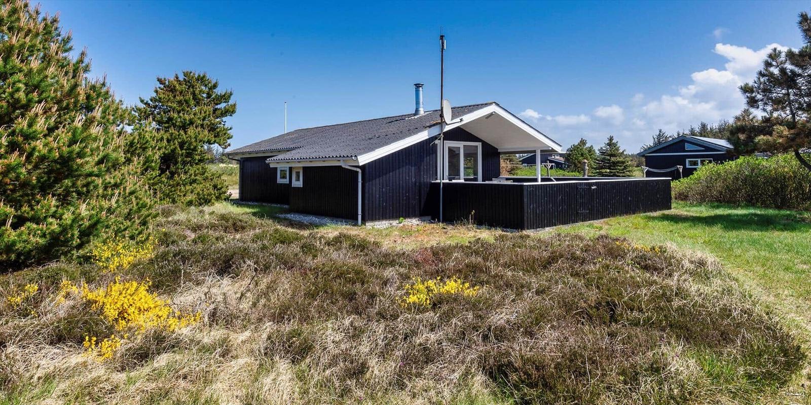 Schwarze Holzhütte mit Terrasse, umgeben von Gras und Bäumen unter blauem Himmel.