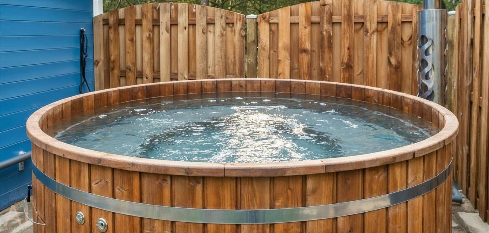 Holzwhirlpool mit Metallbändern im Garten, umgeben von Holzzäunen.