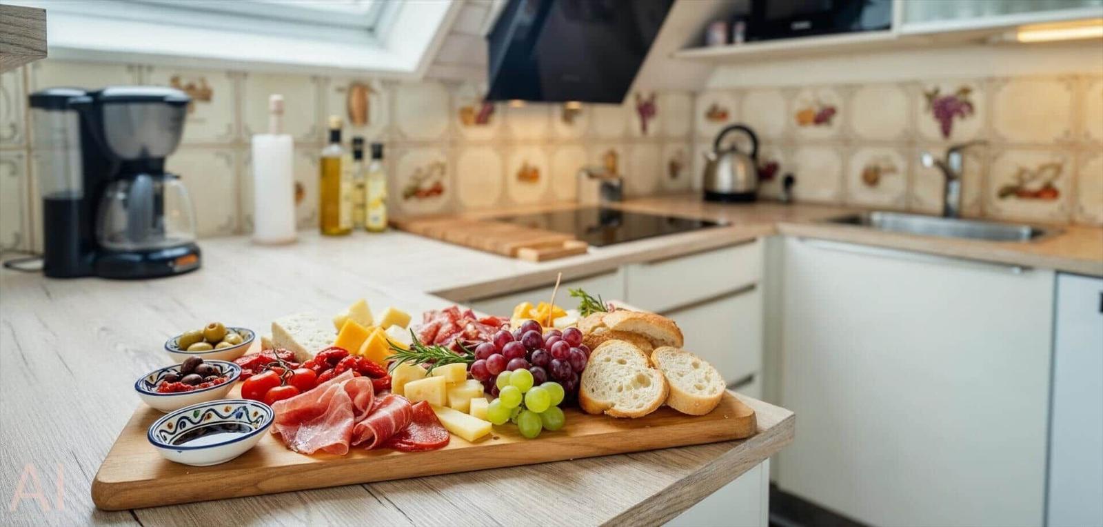 Küche mit Holzbrett, Käse, Wurst, Obst und Brot.