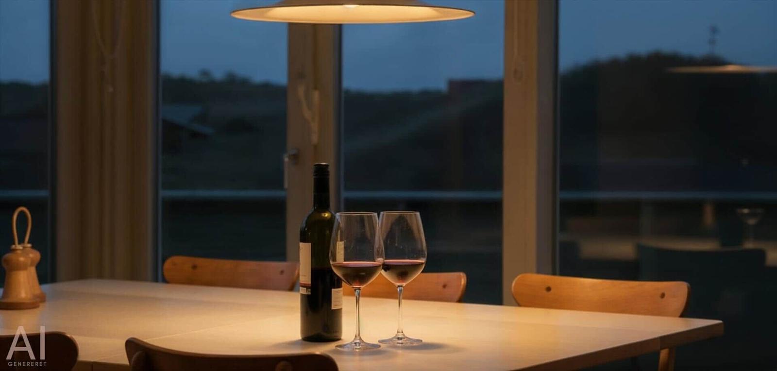 Ein Tisch mit Weinflasche und zwei Gläsern vor großen Fenstern.