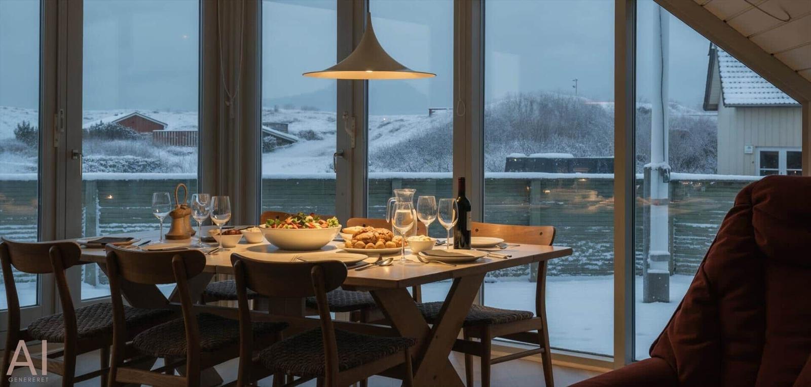 Esstisch mit Speisen vor großem Fenster mit winterlichem Blick