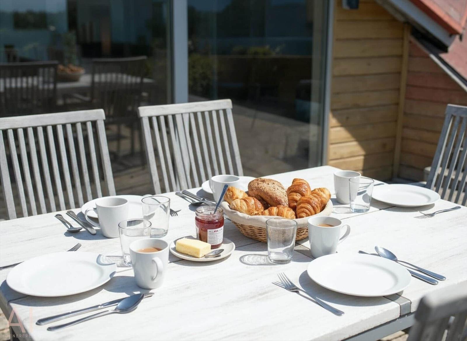 Tisch mit Kaffeetassen, Brot und Marmelade auf der Terrasse.