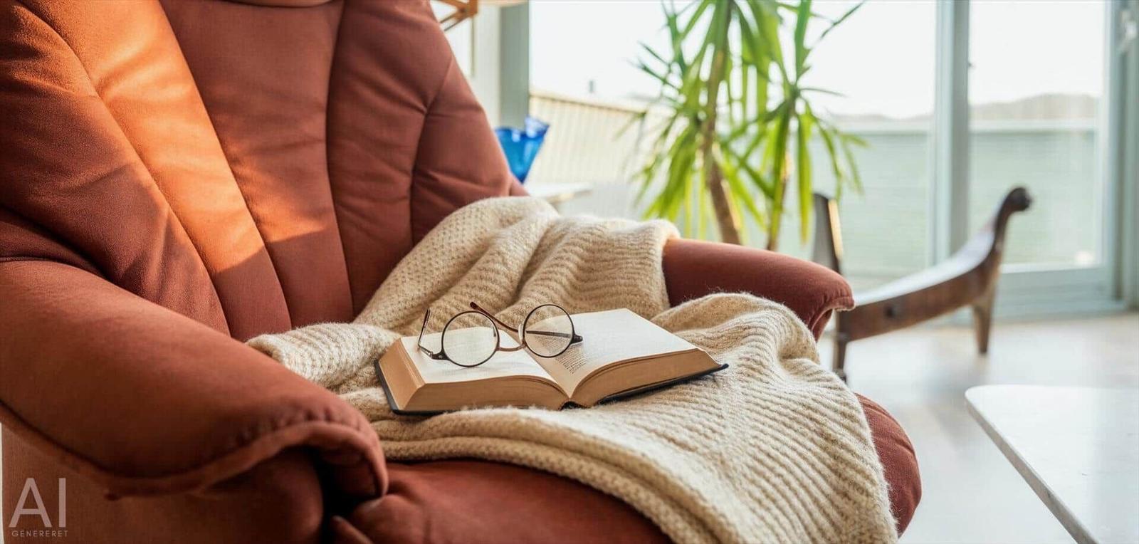 Ein braunes Sofa mit einer Decke und einem Buch. Im Hintergrund steht eine Pflanze.