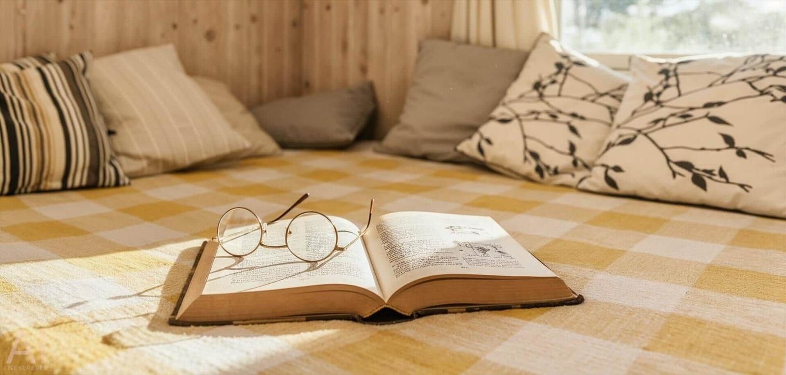 Ein Buch mit Brille liegt auf einem gemusterten Boden vor Fenster und Kissen.