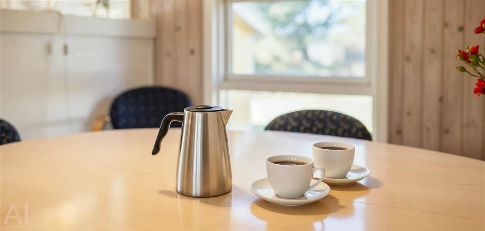 Auf dem Tisch stehen zwei Tassen Kaffee und eine Thermokanne.
