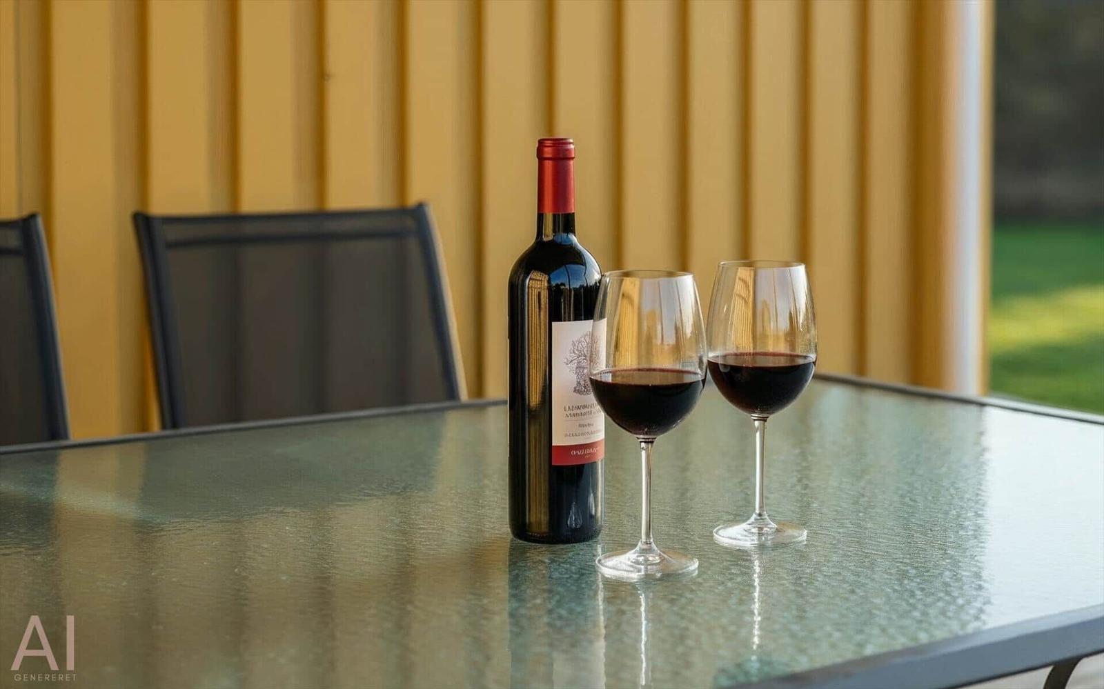 Ein Tisch mit einer Weinflasche und zwei Gläsern auf einer Terrasse.