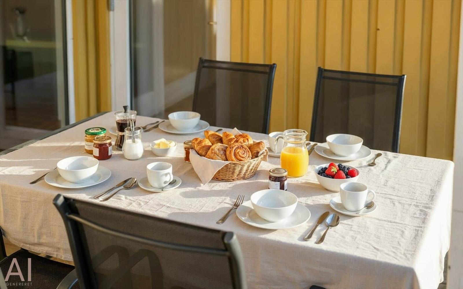 Tisch mit Frühstück auf Terrasse, Körbchen mit Croissants, Obst und Getränke.